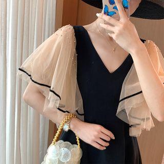 Short-sleeve Mesh Frill V-neck A-line Mini Dress
