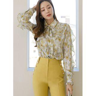 Ruffle-trim Floral Blouse With Tie
