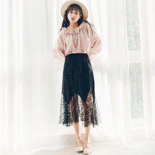 Tie-waist A-line Plain Lace Midi Skirt