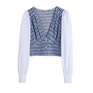 Puff-sleeve Paneled Tweed Plaid Blouse