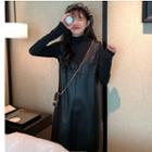 Mock-turtleneck Long-sleeve T-shirt / Faux Leather Pinafore Dress