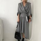 3/4-sleeve Tie Waist Midi Coat Dress As Shown In Figure - One Size