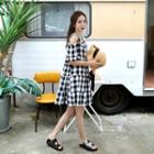 Cutout-shoulder Elbow-sleeve Gingham Cotton Dress