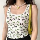 Square-neck Cropped Butterfly Print Camisole Top