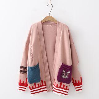 Open-front Cat Embroidered Cardigan