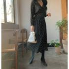 Long-sleeve Dotted Tiered V-neck Midi Dress