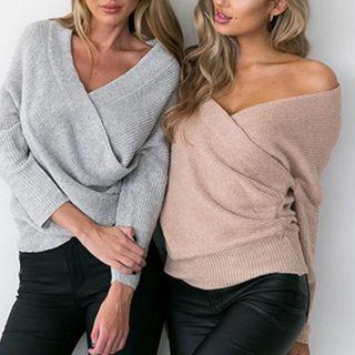 Off-shoulder V-neck Sweater
