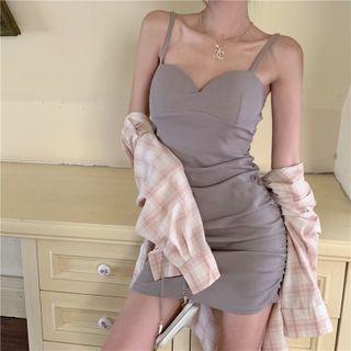 Plaid Shirt / Strappy Mini Sheath Dress