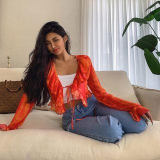 Logo-pattern Ruffled Chiffon Cardigan Orange - One Size