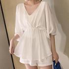Set: V-neck Elbow-sleeve Peplum Top + Shorts
