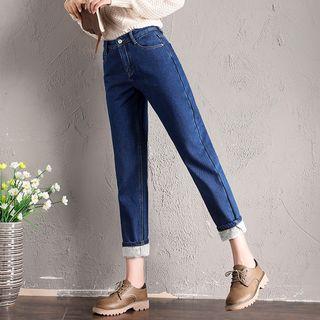 Fleece-lined Cropped Baggy Jeans