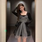 Long-sleeve Tie-front Mesh Mini A-line Dress Black - One Size