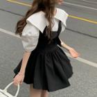 Elbow-sleeve Wide Collar Top / Spaghetti Strap Mini A-line Dress