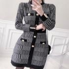 Long-sleeve Plaid Mini A-line Knit Dress Black - One Size