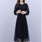 Lace Panel Long-sleeve Midi A-line Mesh Dress