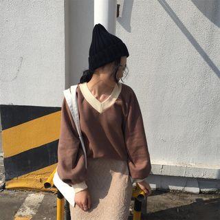 Contrast Trim V-neck Lantern-sleeve Sweatshirt