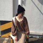 Contrast Trim V-neck Lantern-sleeve Sweatshirt