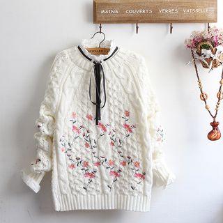 Floral Embroidered Cable-knit Sweater / Frilled Neck Long-sleeve Shirt / Set: Floral Embroidered Cable-knit Sweater + Frilled Neck Long-sleeve Shirt