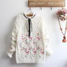 Floral Embroidered Cable-knit Sweater / Frilled Neck Long-sleeve Shirt / Set: Floral Embroidered Cable-knit Sweater + Frilled Neck Long-sleeve Shirt