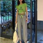 Drawstring Short Sleeve Cropped T-shirt / Wide Leg Pants