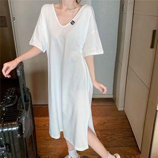 Short-sleeve Cutout-back Slit Midi A-line Dress