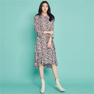 Frill-neck Flare-cuff Floral Long Dress