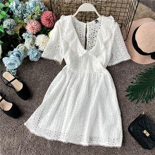Ruffle-hem Eyelet Lace High-waist Dress White - One Size