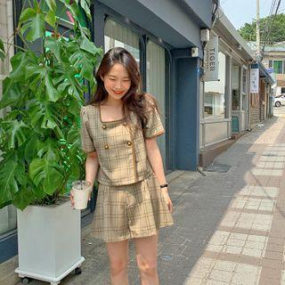 Blouse & Shorts Plaid Matching Set