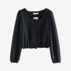 Square-neck Plain Cropped Blouse Dark Blue - One Size