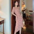 Short-sleeve Floral Printed Slim Fit Dress Dress - One Size