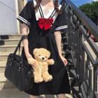 Short-sleeve Sailor Collar Bow Midi A-line Dress With Bow - Black - One Size