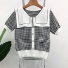 Short Sleeve Sailor Collar Plaid Knit Top