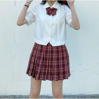 Short-sleeve Plain Shirt / Plaid Pleated Mini Skirt