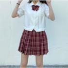 Short-sleeve Plain Shirt / Plaid Pleated Mini Skirt