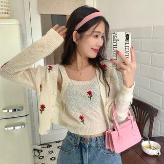 Set: Floral Camisole Top + Cardigan Set Of 2 - Camisole Top & Cardigan - Almond - One Size