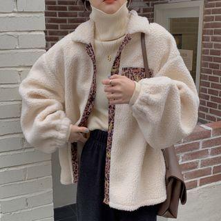 Leopard Print Panel Fleece Jacket White & Leopard - Camel & Black - One Size