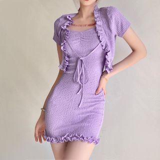 Set: Spaghetti Strap Ruffle Trim A-line Dress + Short-sleeve Jacket