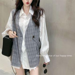 Bubble-sleeve Loose Shirt / Double-breasted Checker Vest