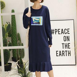 Print Long-sleeve Ruffle Hem T-shirt Dress