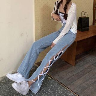 High-waist Irregular Tie-strap Jeans