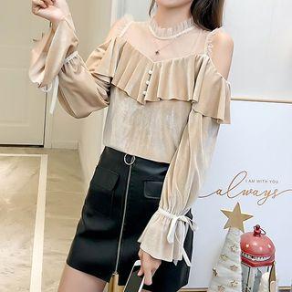 Mesh Panel Cold Shoulder Velvet Blouse