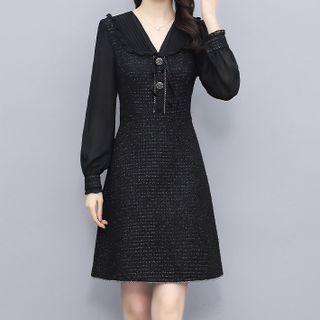 Puff-sleeve Collared Glitter Plaid A-line Dress