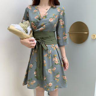 3/4-sleeve Wrap-neck Floral Dress With Corset Belt
