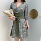 3/4-sleeve Wrap-neck Floral Dress With Corset Belt