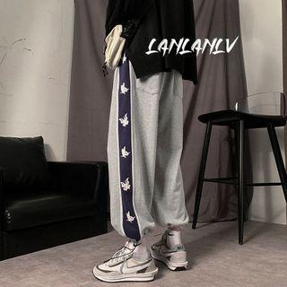 Contrast Trim Butterfly Print Drawstring-cuff Sweatpants