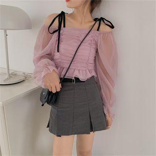 Off-shoulder Mesh Top / Pleated A-line Mini Skirt