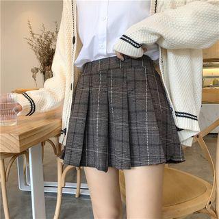 Check Elastic-waist Pleated Skirt