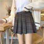 Check Elastic-waist Pleated Skirt