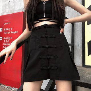 Chinese Style Knot Button Slit A-line Skirt