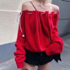 Drawstring Off-shoulder Sweater Red - One Size